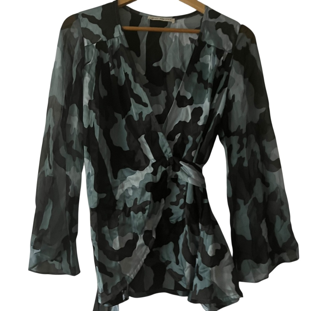 KENT NIELSEN Women's Camo‎ Wrap Long Sleeve Sheer Blouse Top Business Casual